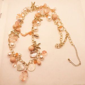 Gold Tone Nautical Theme Faux Pearl Starfish Long Necklace